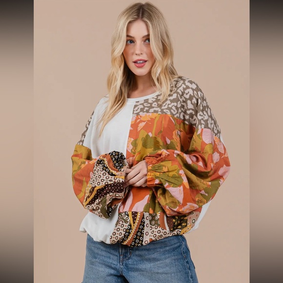 Boho Animal and Floral Print Long Sleeve Top - Picture 4 of 5